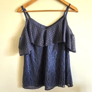 White House Black Market NWT XXS Cold Shoulder China Blue Lace Top